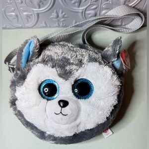 *SOLD* NWT Ty Slush Husky Dog Beanie Boo Gray Plush 7" Purse Bag Blue Eyes Toy
